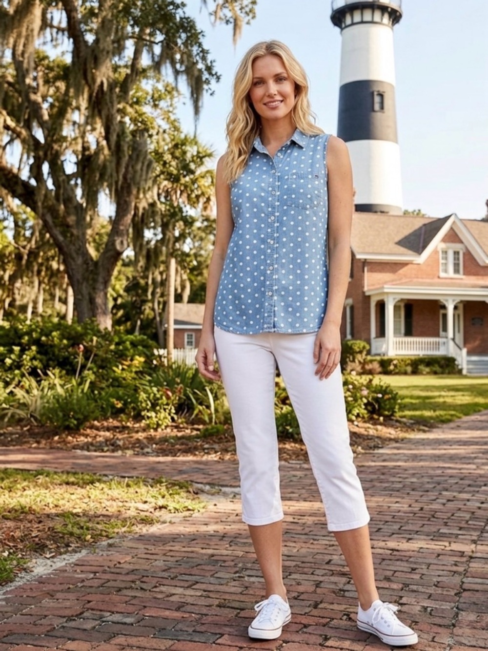 Tommy Hilfiger Blue and White Polka Dot Sleeveless Button-Down